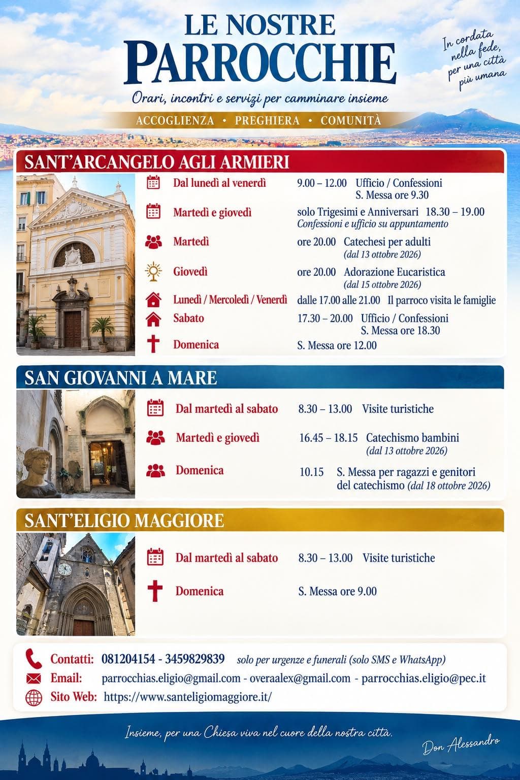 Le nostre parrocchie — orari, incontri e servizi di Sant’Arcangelo agli Armieri, San Giovanni a Mare e Sant’Eligio Maggiore